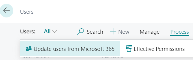 Users <br>Users: All v <br>p Search +- New Manage <br>Process <br>Update users from Microsoft 365 Effective permissions 